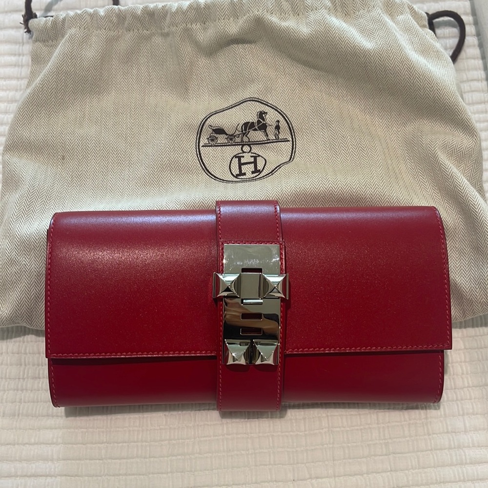 Hermes Medor clutch red with silver hardware